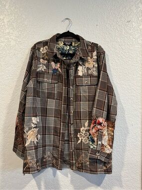 Johnny Was - Embroidered Plaid Button-Up Jacket in Brown and Tan